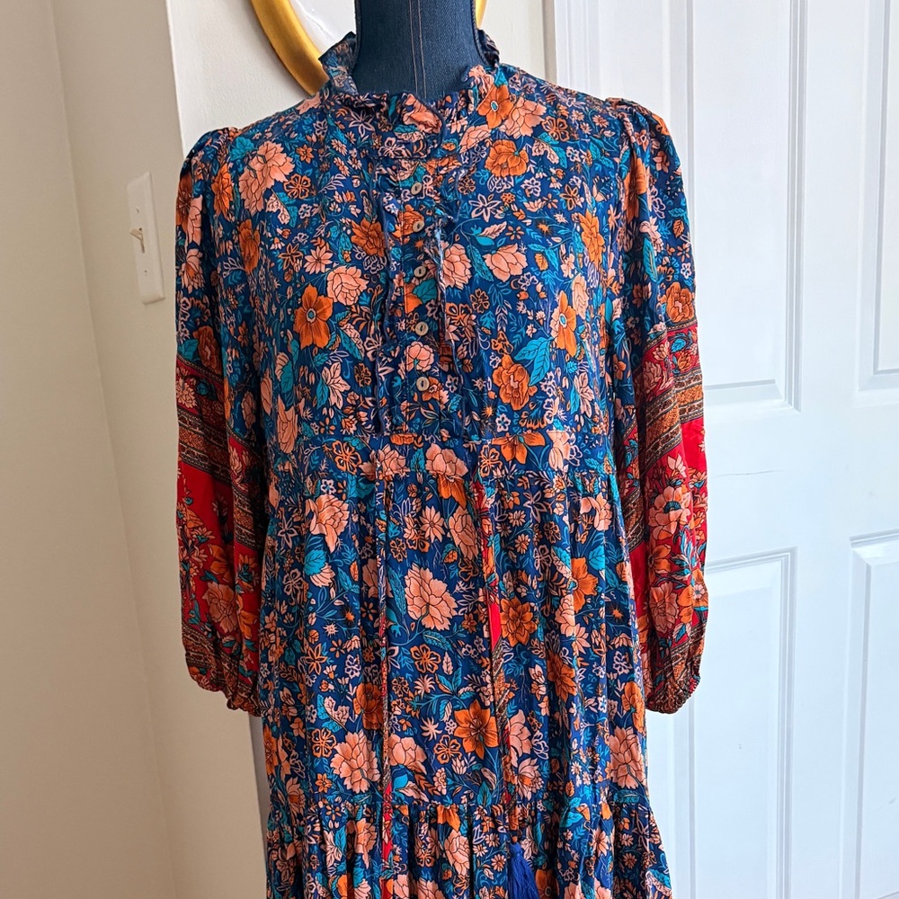 Easel Blue and Red Buttoned Maxi Dress with Bishop Sleeves